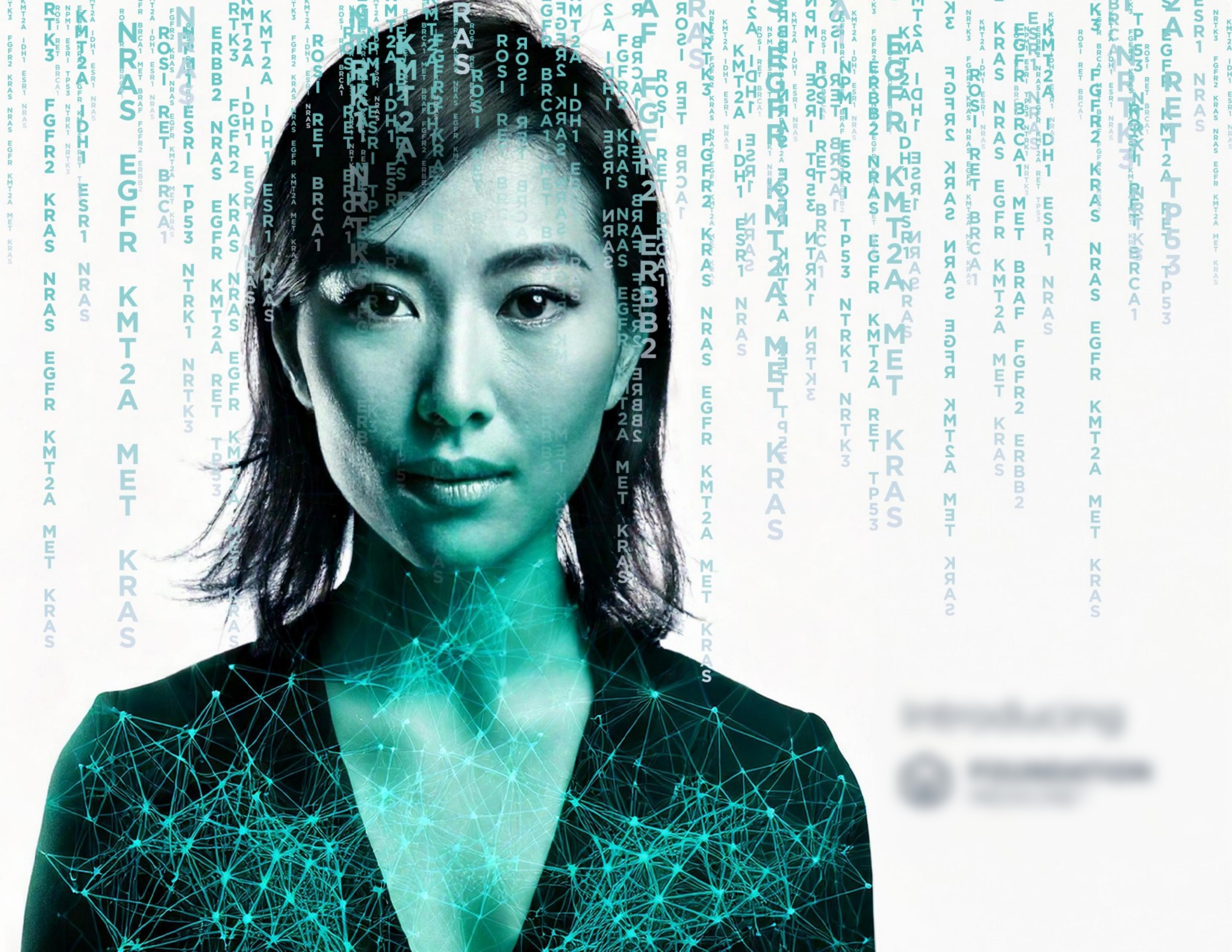 Slide 2 — the same portrait transformed with genomic data, introducing Foundation Medicine