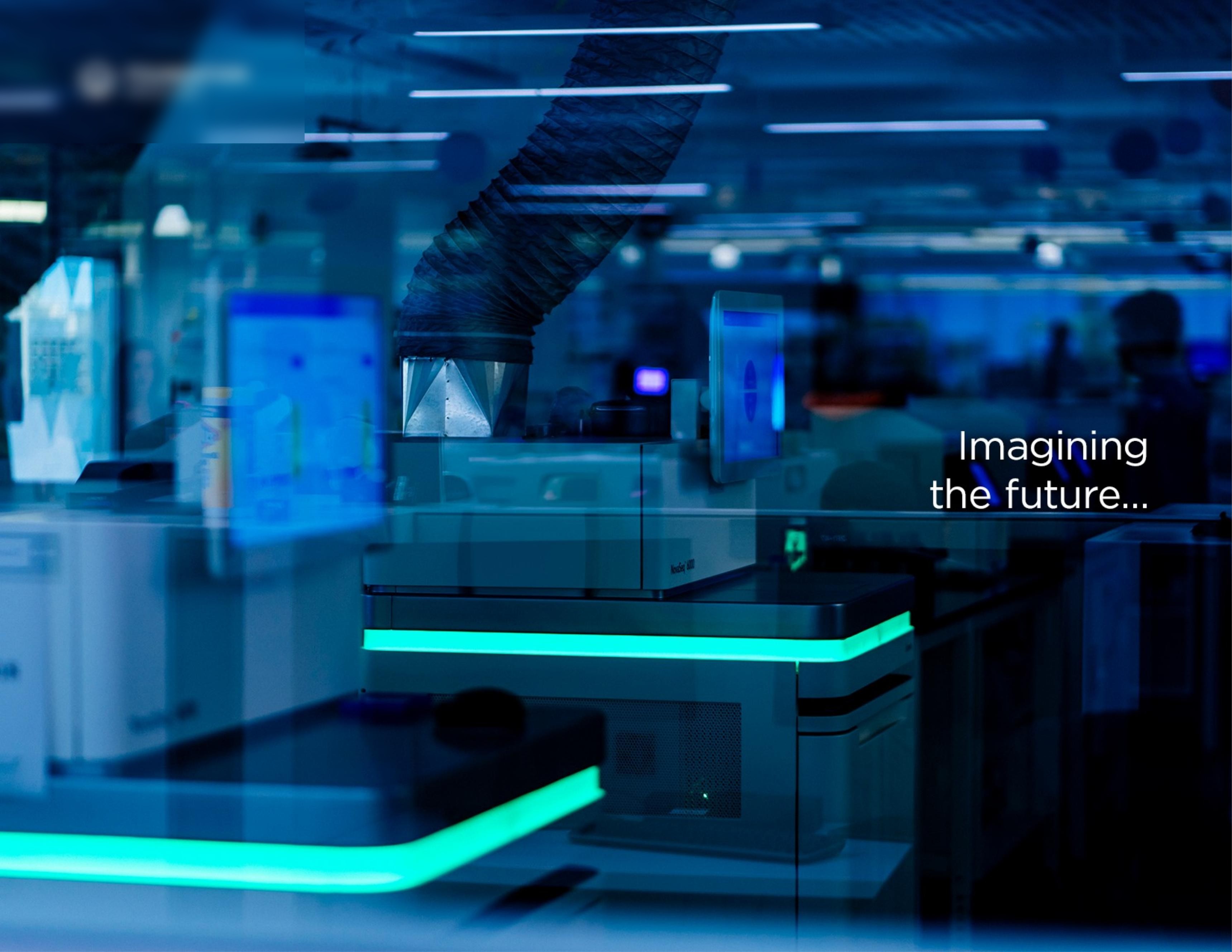 Closing slide — a glowing lab, with the line 'Imagining the future...'